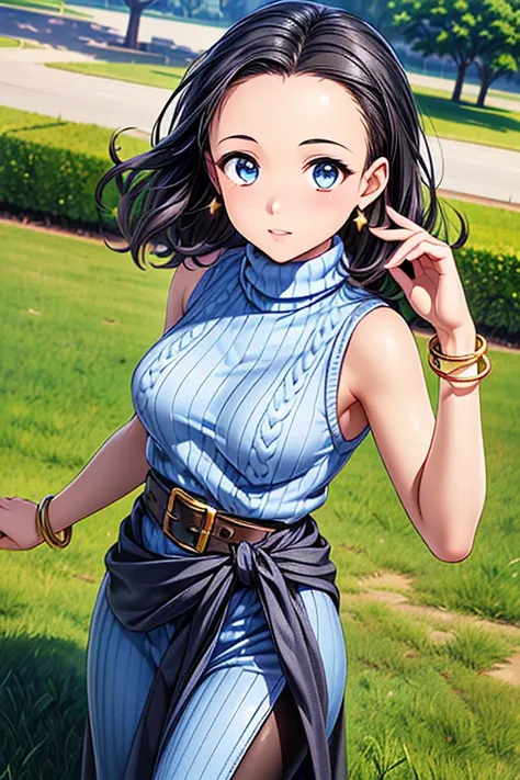 Girl posing for a photo, animeのcute女の子, ((One Girl)), ((Baby Face:1.3)) + ((cute:1.3)), 
BREAK 

((Blue knit sweater long dress:1.4) : ((Sleeveless high neck)) + ((Golden belt fits snugly around the waist)) + (Shiny)) + ((Sheer black pantyhose)) + (Black m...