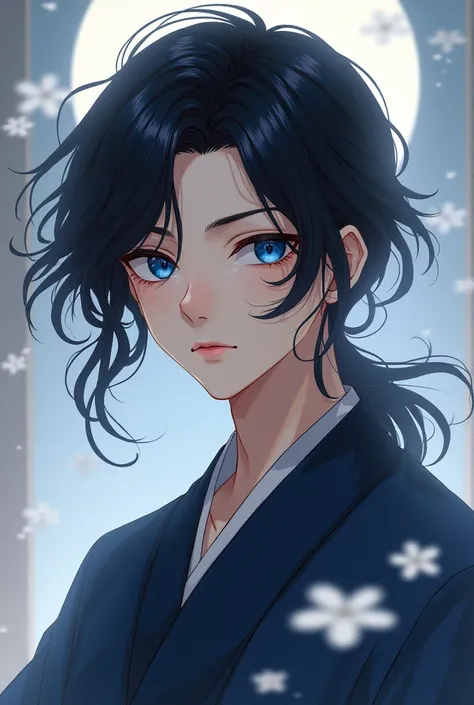 Black hair, blue eyes, long Japanese hair, boy