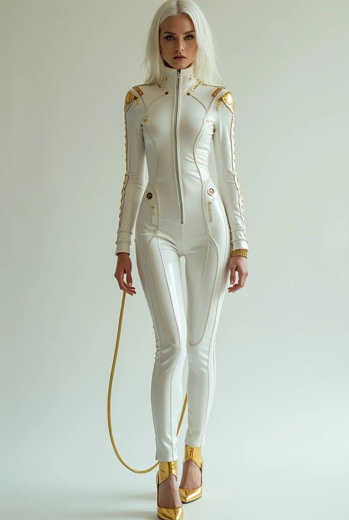 full body, beautiful woman, white tight dress, gold accessories, alien like accessories, futuristic outfit, mugler inspired outfit, cyber core vibes, white and gold, perfect face, masterpiece, elegant, future, cybersigilism