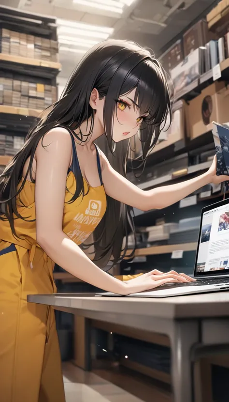 (masterpiece, highest quality, Highest image quality, High resolution, photorealistic, Raw photo, 8k:1.27)), (Extremely detailed CG unified 8k wallpaper:1.27), 1 girl, engineer, (She is wearing a yellow and navy jumpsuit, She is wearing a camisole with the...