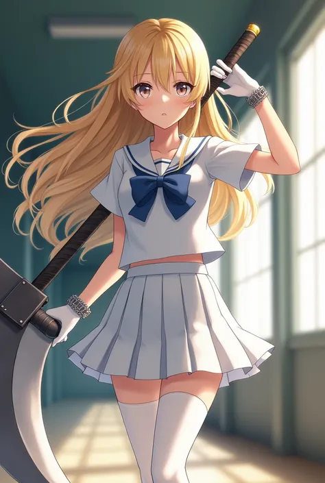 blonde long hair anime girl，White student uniform on board，Wearing a white pleated skirt，Put on white tights，Wear white gloves，Holding a huge sickle in his right hand，Wearing a metal bracelet￼