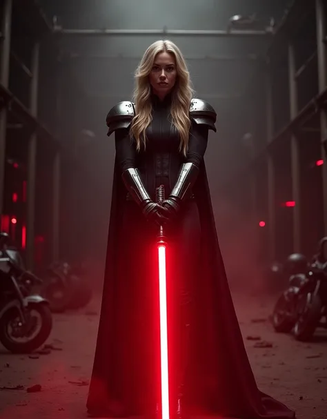 Dramatic, cinematic-style image featuring a woman standing in a dark, industrial setting with a red glow illuminating the background. She has light skin and long, wavy blonde hair. She is dressed in a black, futuristic outfit with metallic armor pieces on ...