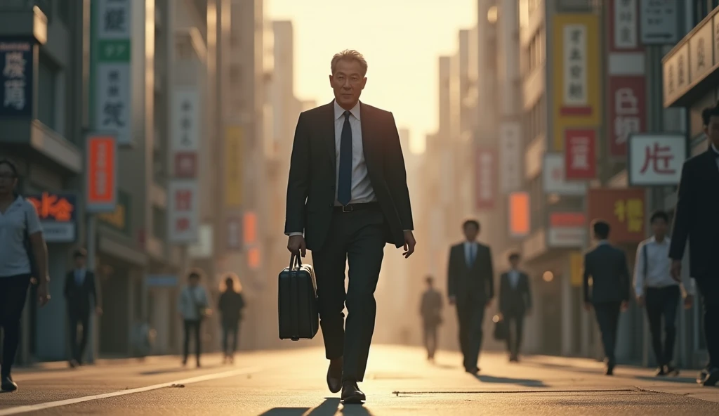 A Japanese salaryman walking to work in the morning. The scene is realistic, with the salaryman wearing a suit and holding a bag, capturing the moment during his commute. The surroundings feature a quiet cityscape, passersby, and the soft morning light ill...