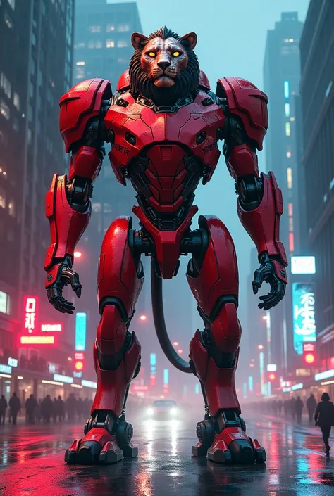 Lion the mega robot and red costumes and city road and red light and blue colour light 