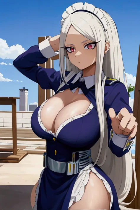 tall woman , Age 22 , mirko my hero academia. big boobies. Pose agaichada, perspiring , detailded , heroina , Stately. , wearing maid clothes,  work of art