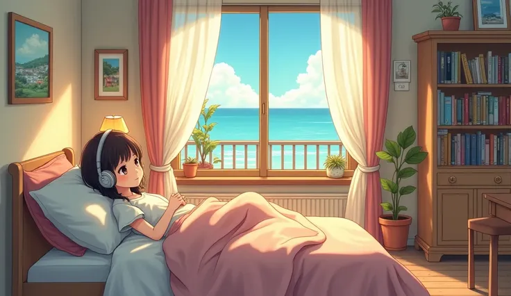 Anime girl ,Girl listening to music while relaxing in bed in a cozy room, Use headphones, Anime-style 2D, Lo-Fi, Summer Afternoon,View of the sea from the window,comics in book box, table chair, lamp, cupboard, clothes,shoes,door, painting of landscape on ...