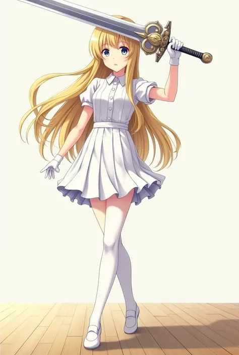 blonde long hair anime girl，White student uniform on board，Wearing a white pleated skirt，Put on white tights，Wear white gloves，Holding a huge sword in his right hand