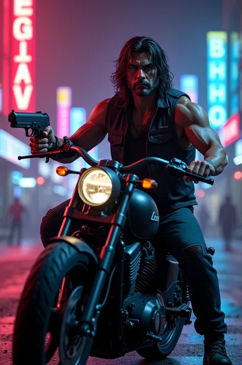 Man with long hair sit on the bike,background with neon lights and gun in right hand