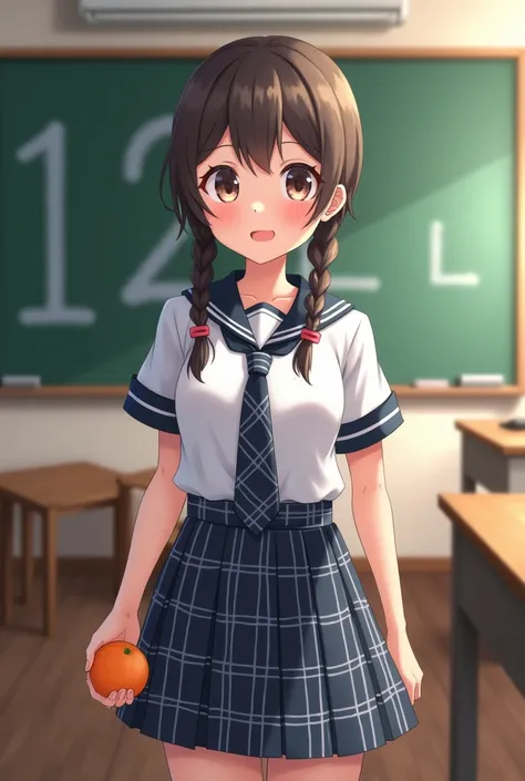 a small female student in uniform (hair in braids, White shirt, with dark blue border, no shirt, navy blue white plaid tie mid chest, cổ áo màu trắng with dark blue border, dark blue white plaid dress) standing in class. There is a big 12L in the middle of...