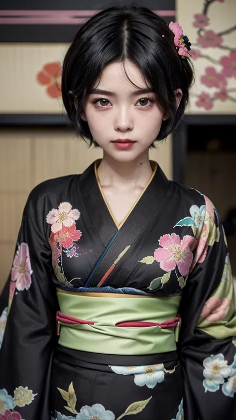 （8k、Raw foty、highest quallity、work of art：1.2),(Bblack hair、really short hair:1.9),Show Viewer,looking at front,erotic,白いSkinned,(She wears a kimono with a colorful floral pattern..:1.7)、(Clothes that emphasize the shape of your chest、publish a&#39;Skinned...