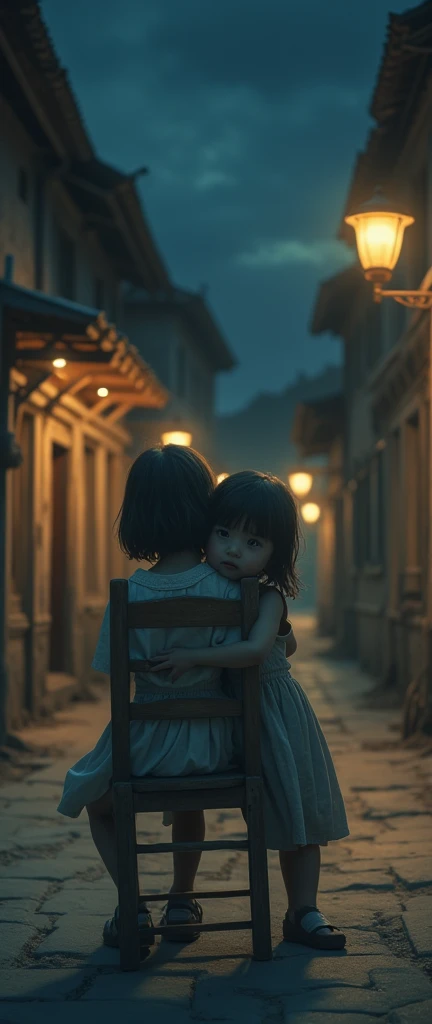 The picture depicts two children., the girl is ,  brother. Two sisters sat leaning against each other on a wooden chair under the moonlit night sky.. They dream, sad feeling. Around the old street at night, no one in sight only the oil lamps twinkling, old...