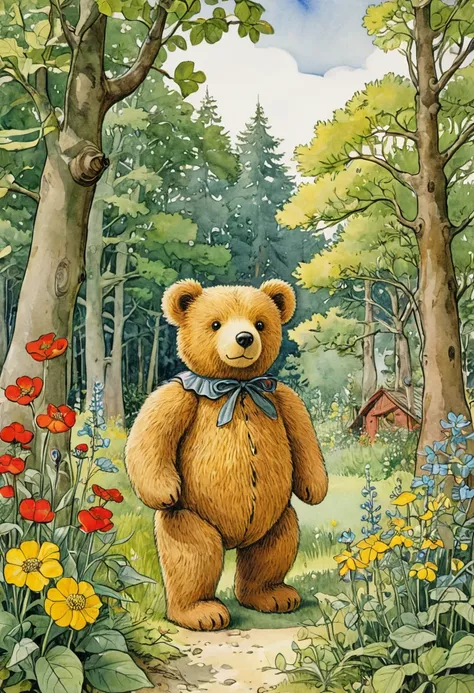 Teddy Bear, outdoor, by Elsa Beskow.
(best quality, masterpiece), very aesthetic, perfect composition, intricate details, ultra-detailed, vivid colors