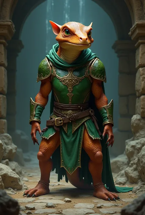 medieval fantasy, dungeons and dragons, reptilian kobold, copper scales with green breastplate all over its body, in warrior clothes
