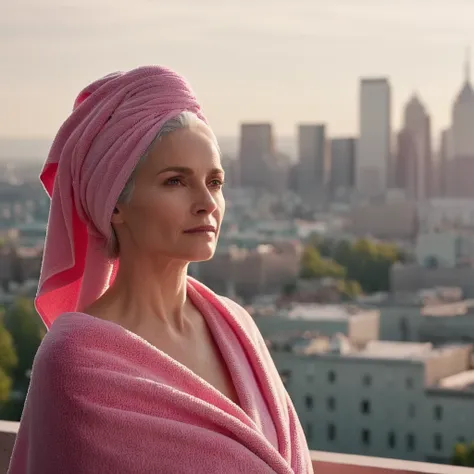 cinematic film still of bright light, bright, a woman with a pink towel on her head high-key lighting style, 1girl, solo,long ha...