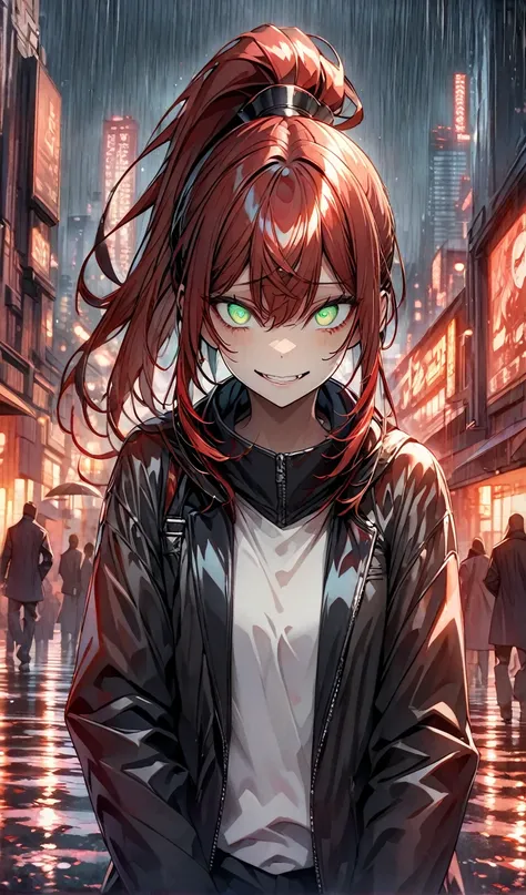 there is, danger ,alone,Crazy evil smile,Villain,Close your mouth,Wearing a long black jacket, Red Hair, Long Ponytail, Green Eyes, City of night, rain,sad,Highly detailed eyes, Highly detailed face, Highly detailed background,View the viewer