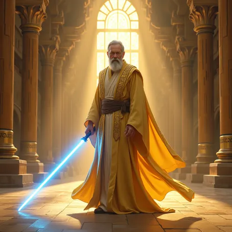 A majestic Jedi with flowing yellow robes and intricate golden adornments stands in the center of a grand temple, basking in the warm rays of the sun as they wield their brilliant blue lightsaber.