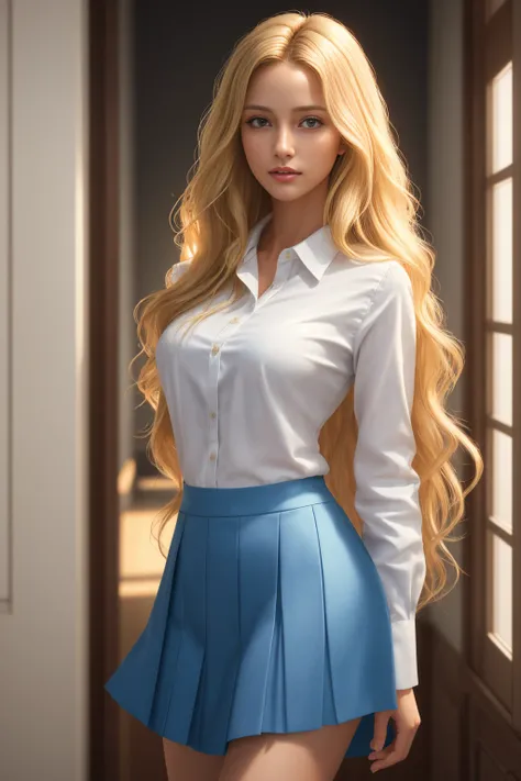 Masterpiece, Young Beautiful Girl has long blonde hair and brown eyes, 1girl, AS-Adult, long-haired, blonde hair, wavy hair, medium-breasts. Wavy hair. Brown eyes, no bangs, symmetrical face. She wears a white shirt and blue skirt. Beautiful legs. (Best Il...