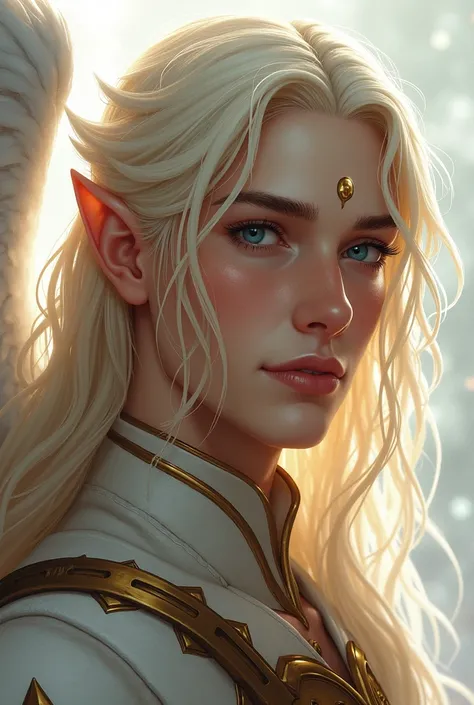 Portrait. male aasimar, mature, smooth face,  male, angelic warrior, cream-blonde long hair, precious angelic blue eyes, long eyelashes, round small golden aasimar bump mark on forehead rpg