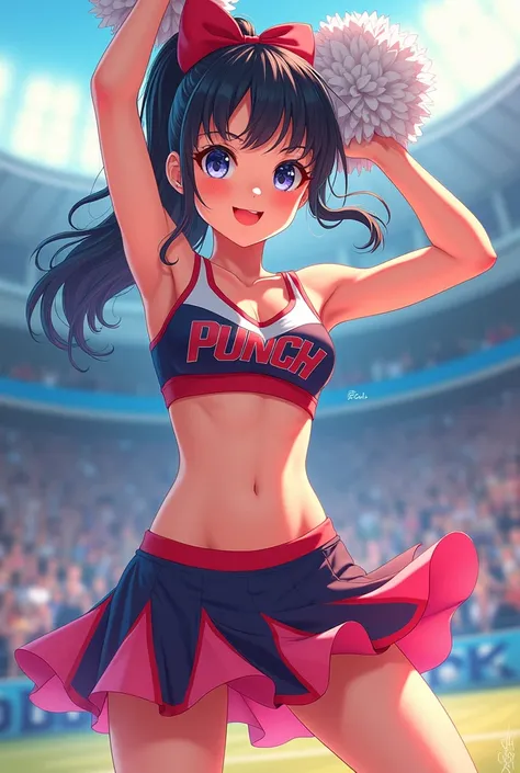 Anime girl with giant  cheerleader and showing a lot of skin with the tinest skirt ever very tiny sports bra