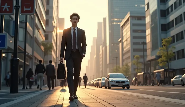 A young Japanese salaryman walking to work. The scene is realistic, with morning light illuminating the city as the salaryman, dressed in a suit, walks along the urban sidewalk. Surrounding him are tall buildings and office district scenery, capturing the ...