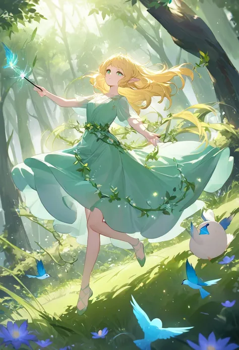 （Highest quality），（Exquisite details），（Maximum resolution），（Impeccably possible），（masterpiece）。
 
In the middle of a lush forest，There is a smart elf girl dancing。She has long golden hair that shines like the sun，Softly draped around her slender waist，Slig...