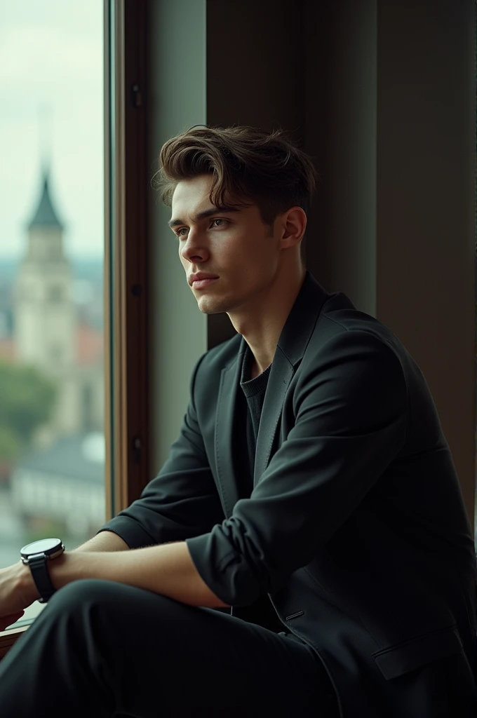 A handsome young man with a good figure sits by the window looking cool and handsome.