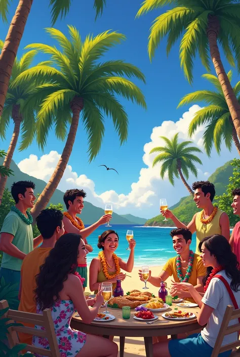 Illustration of Hawaii, the festival of eating and drinking wine in Hawaii and practicing aloha. Background of people in daylight, 2d, cartoon, brightly colored --s 250 --v 6.0