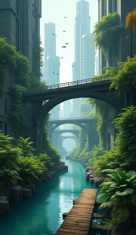 A digital painting depicting a futuristic urban landscape with a serene yet slightly eerie mood. The foreground features a calm, reflective waterway running through the center, bordered by lush overgrowth of ferns, broadleaf plants, and other vegetation. T...