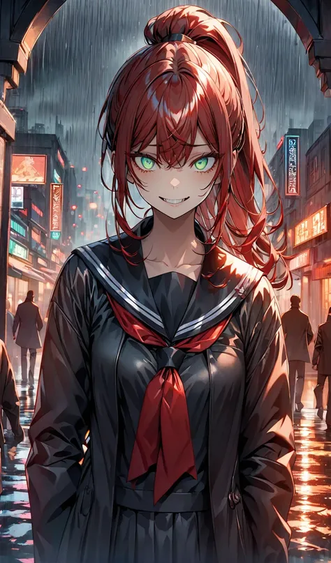 there is, danger ,alone,Crazy evil smile,Villain,Close your mouth,She is wearing a sailor uniform and a long black coat., Red Hair, Long Ponytail, Green Eyes, City of night, rain,sad,Highly detailed eyes, Highly detailed face, Highly detailed background,Vi...