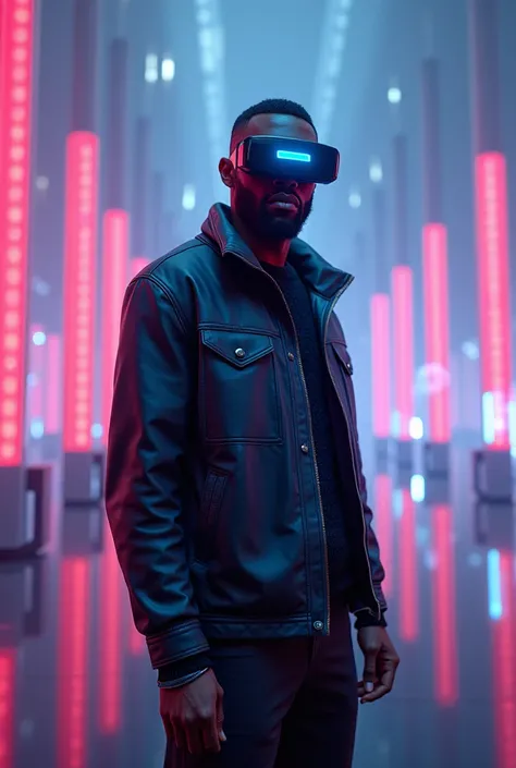 a cyberpunk Black man in a virtual reality setting, Full Body, rosto perfeito, holographic, futuristic, (realistic), Black.