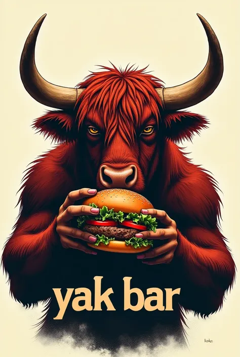  poster of yak eating a burger more feirce, with text "yak bar" written on it, no hands