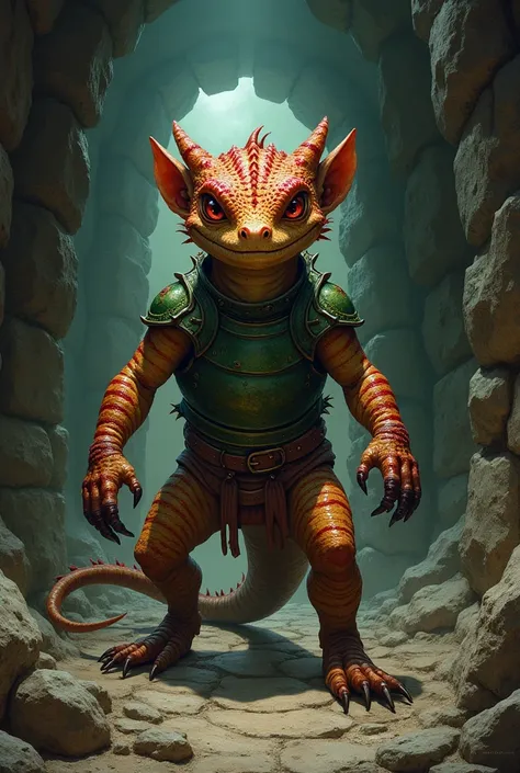 medieval fantasy, dungeons and dragons, reptilian kobold, copper scales with green breastplate, its scales being striped with red eyes
