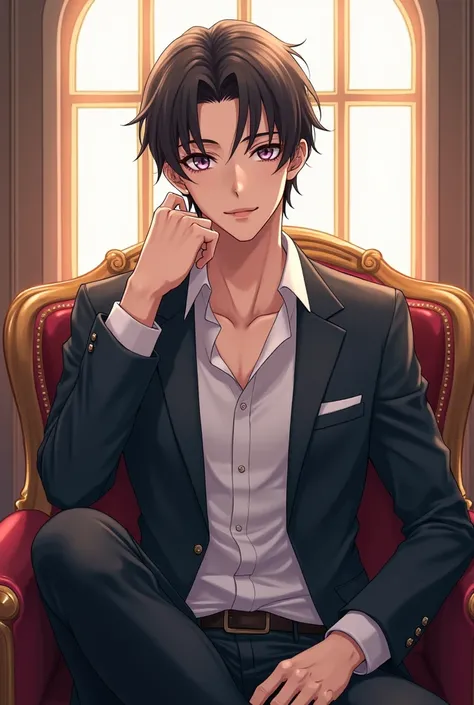 Handsome anime guy with a good figure sitting by the window looking cool and handsome.