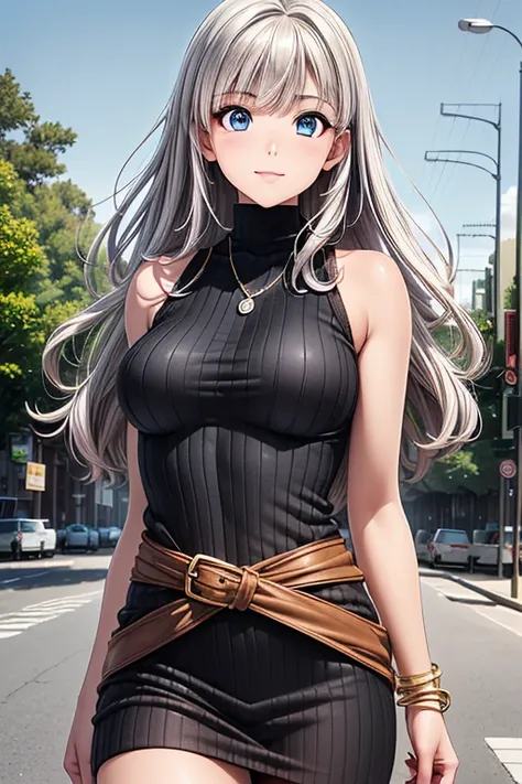 Girl posing for a photo, animeのcute女の子, ((One Girl)), ((Baby Face:1.3)) + ((cute:1.3)), 
BREAK 

((Black knit sweater long dress:1.4) : ((Sleeveless high neck)) + ((Golden belt fits snugly around the waist)) + (Shiny)) + ((Sheer black pantyhose)) + (Black ...