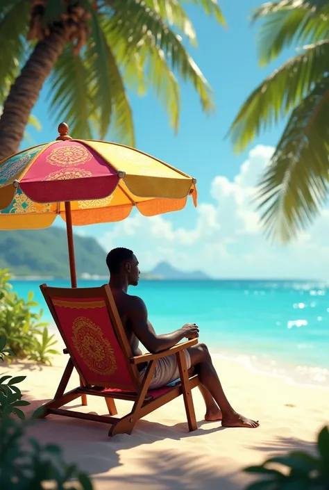 black man sitting on beach chair and umbrella seaside