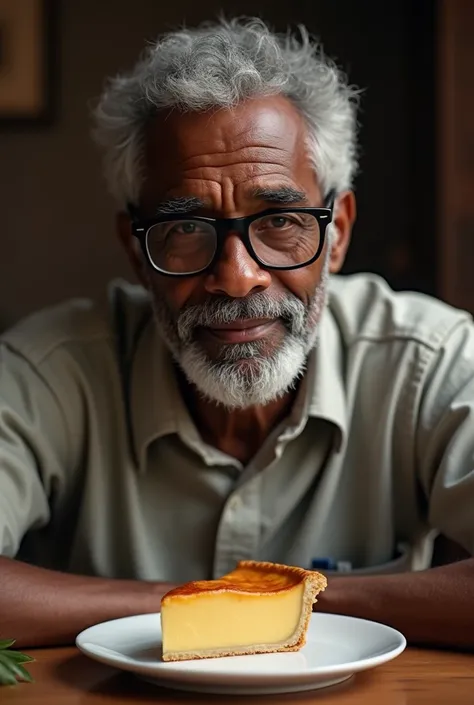 a Black man, a little chubby, with a slightly white beard, with a little white hair, with black glasses, with a plate on the table with a very small pie inside (the pie is a pie that is made with butter and flour and the pie is placed in the oven)