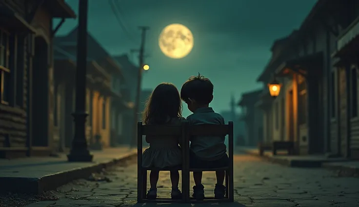 The picture depicts two children.,1 boy 1 girl,  girl,  boy. The two of them sat leaning against each other on wooden chairs under the moonlit night sky looking at everything around them.. They dream, sad feeling. Around the old street at night, no one in ...