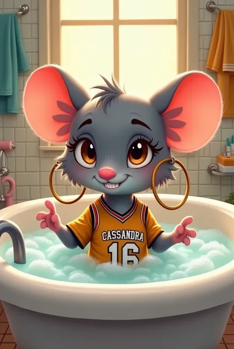 create a picture of a rat, a girl rat. the rat is wearing big woop earrings and wearing jersey that has named “cassandra” and number “16” taking a bath