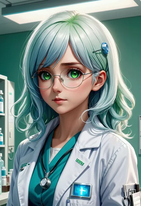 full body portrait of a shy anime girl with white and light blue hair in a doctor coat, on her chest there is a small name tag with the text "Dr. Tuerknauf" on it, sie trägt eine runde Brille, shiny light green eyes, bright colours, detailed eyes, delicate...