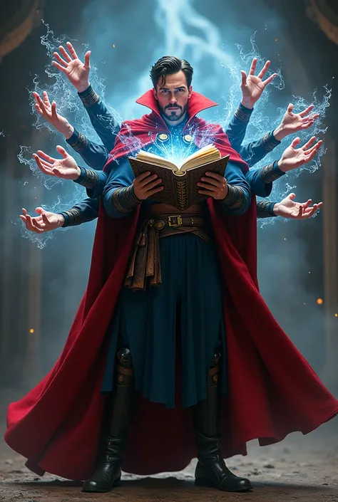 Realistic image. Doctor strange conjuring multiple arms. His real arms is holding a powerful book. Multiple arms seem to appear from other parts of his body