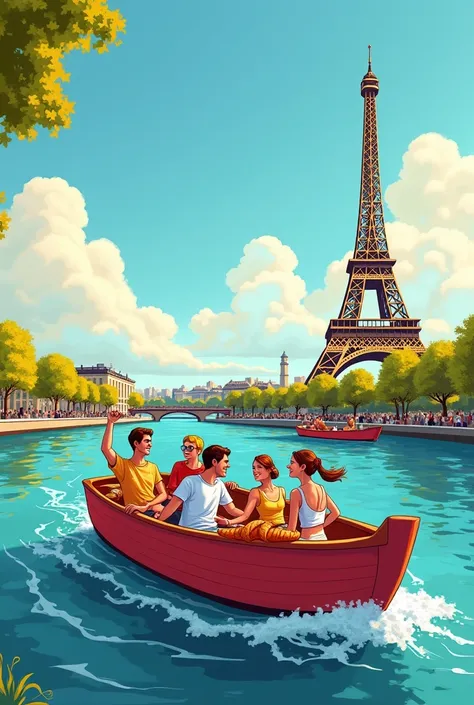 (colourful drawing) we went boating, we saw the Eiffel Tower and ate croissants