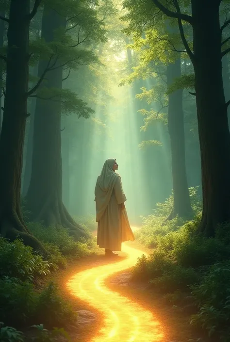 
Create an image of a person reciting Surah Al-Fatiha while walking along a glowing path in a forest. The path represents the guidance provided by the surah, while the surrounding nature reflects the peace and clarity gained from following the right way.