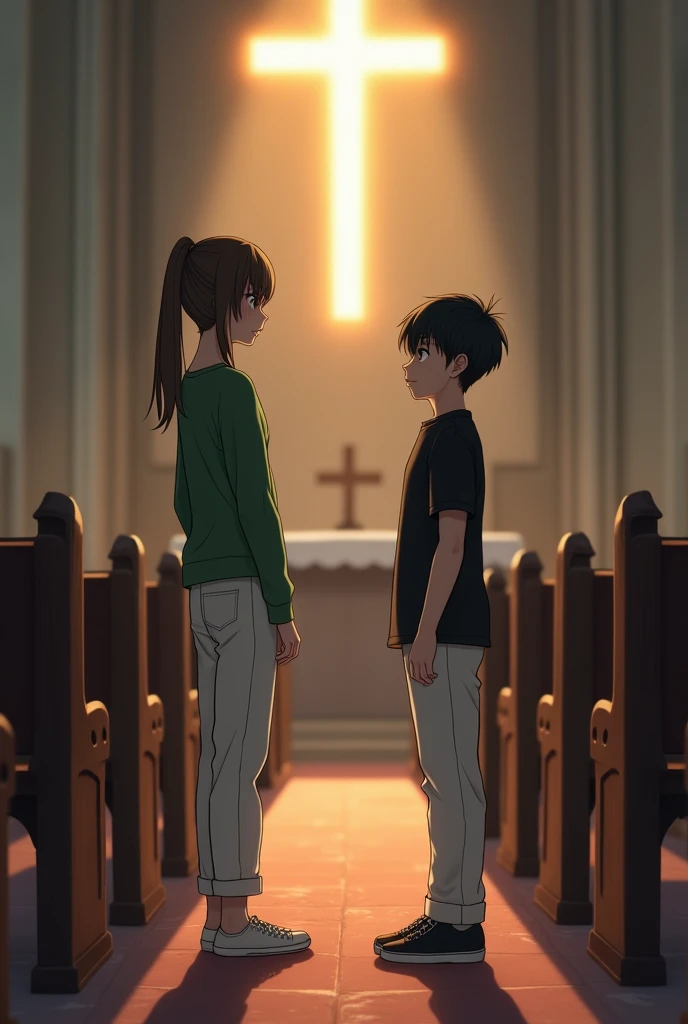 18 teen years old girl   with green colour top with white pant dress is watching the 17 teen years old boy with black shirt with white pant in church  in distance watching the boy  eyes