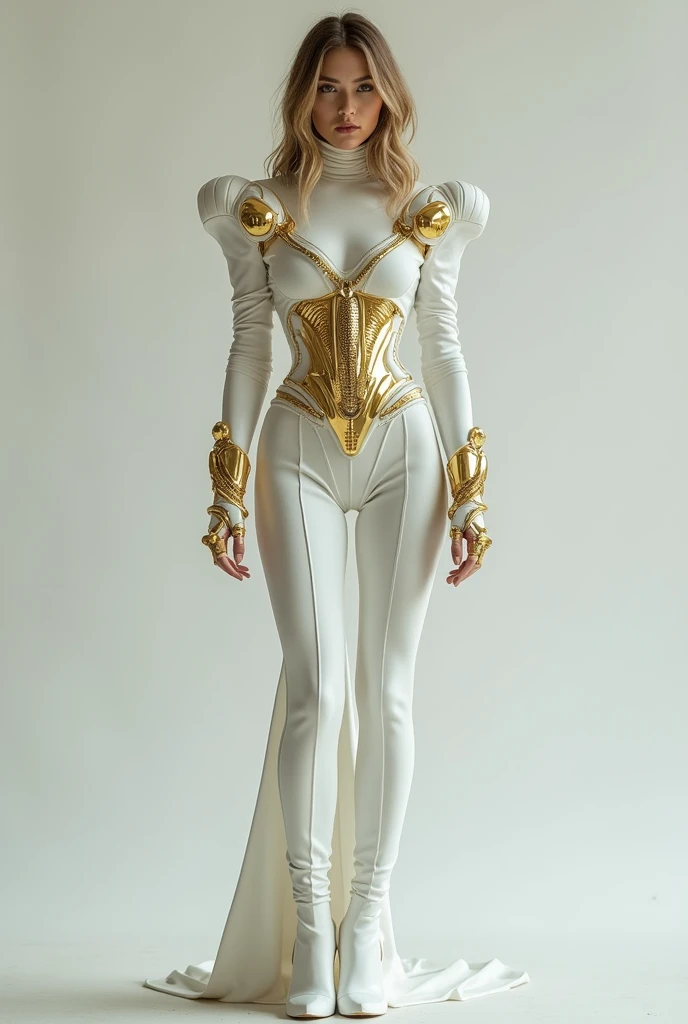 full body, beautiful woman, white futuristic tight dress, gold accessories, alien like accessories, big accessories, wild and alien like accessories, gold human ribs inspired corset, futuristic outfit, mugler inspired outfit, cyber core vibes, white and go...