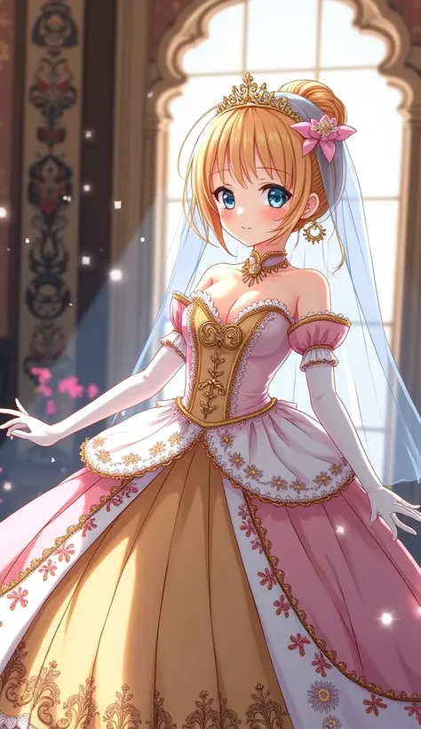 Draw anime girls(Princess)wear內褲, wear, Princess裙裝與首飾, Princess手套, Princess頭紗與皇冠, blond, heart-shaped bun, Cute, Blushing, Shut up, Smile, Chest, High resolution, high detail, high quality, best quality, high quality, Ultra HD, masterpiece, anime style, 1 ...