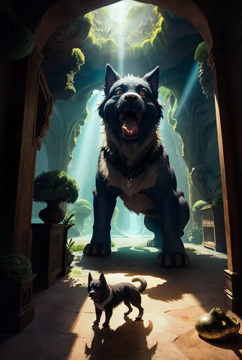 “A fantastical scene where a large dog with its mouth wide open reveals an entire hidden world within. Instead of teeth and a tongue, there is a sprawling miniature world inside the dog’s mouth, complete with floating islands, lush forests, and tiny buildi...