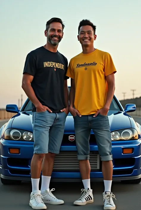 Paul Walker wears an Independent t-shirt, short jeans, high socks. allstar sneakers. smiling facing the camera next to him a thin Asian young man smiled facing the camera. folding both hands in front of his chest wearing a yellow t-shirt that says "RENDRAS...