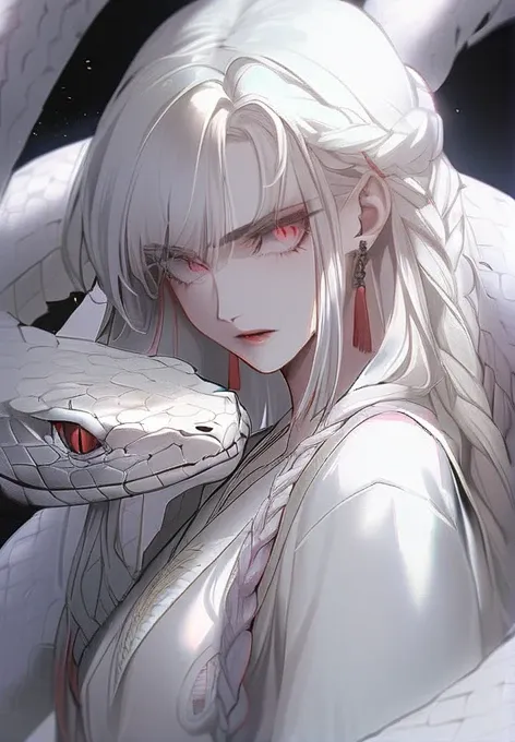 anime girl with white hair and red eyes holding a snake, girl with bright red eyes, girl with red snake eyes, girl with snake ey...