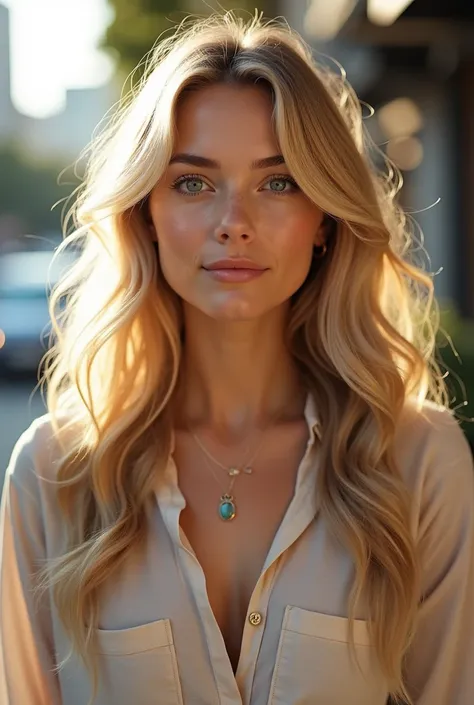 Blonde wavy hair, daily life photos, a small pendant, standing pose , city background, soft natural lighting from the side, bright and warm atmosphere, front view, shallow depth of field, well-exposed with sharp focus on the subject. more realistic photos