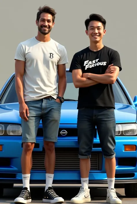 Paul Walker wears an Independent t-shirt, short jeans, high socks. allstar sneakers. smiling facing the camera next to him a thin Asian young man smiled facing the camera. folding both hands in front of his chest wearing a black t-shirt that says "FAST FUR...